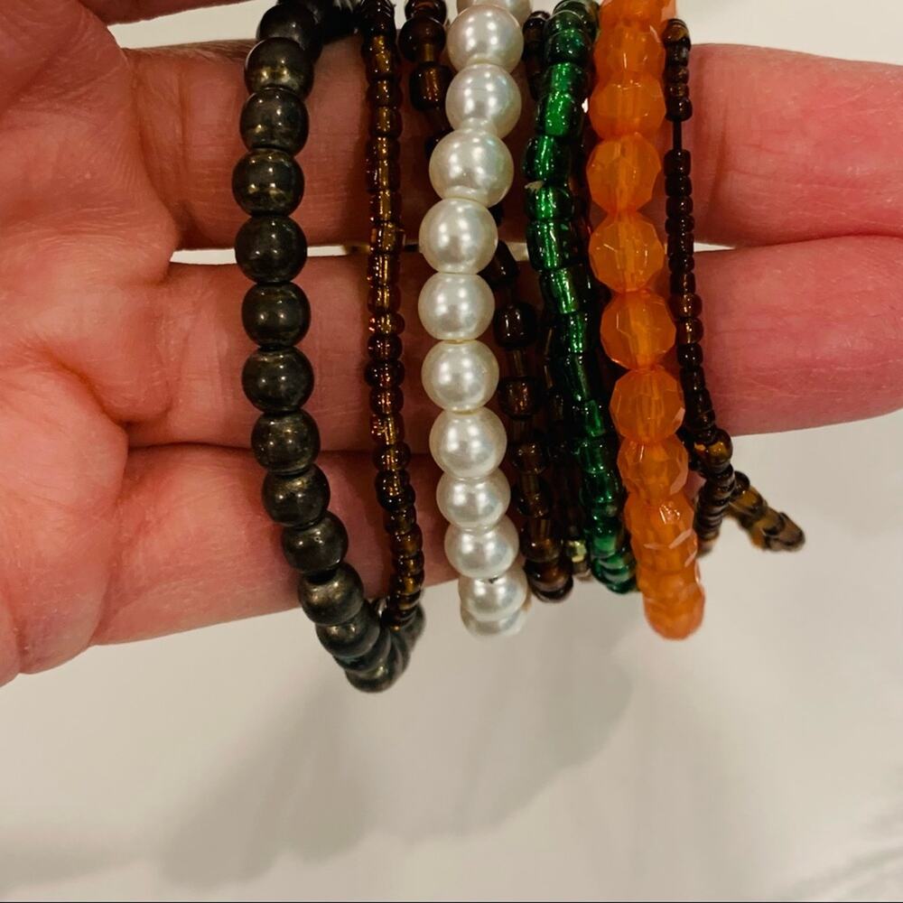 Stack of Beaded Elastic Bracelets Brown Orange Green Pearl Boho
